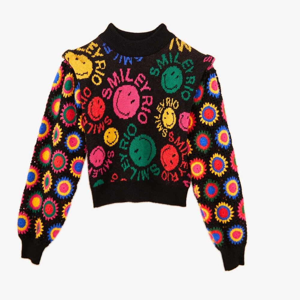 farm rio x smiley collab sweater, multi-coloured crochet, medium